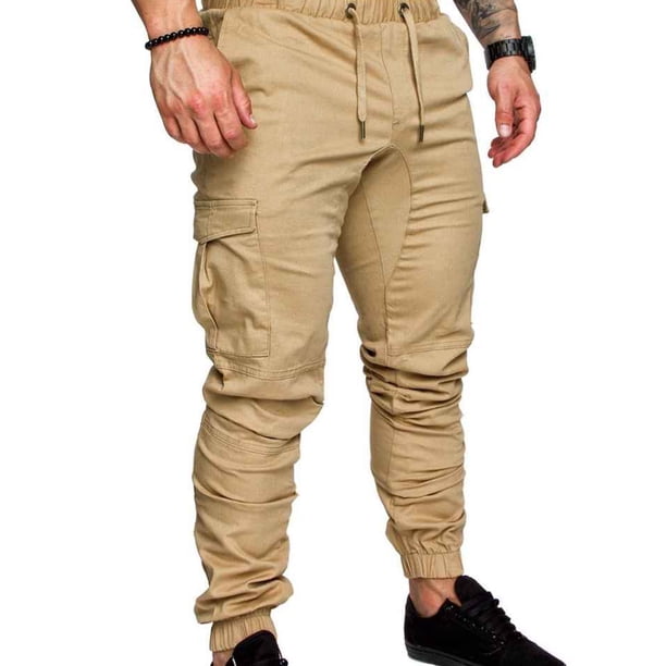 Soidarity Pantalones de bolsillo para hombre Casual Elástico Cadena Moda Pantalones largos Joggers Uniforme atlético Caqui SG