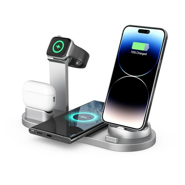 Soporte para teléfono de coche, base para teléfono de 15 W, carga inalámbrica de seis en uno, cargador giratorio de 360°, carga rápida inalámbrica, soporte de carga para reloj, base de carga para auri