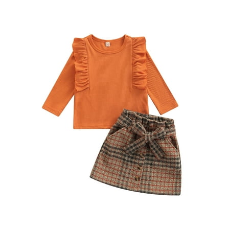 

IZhansean Autumn Fashion Kids Girls 2pcs Clothes Ruffle Long Sleeve Knit Tops+Bow Plaids A-Line Skirts Set Brown Orange 2-3 Years