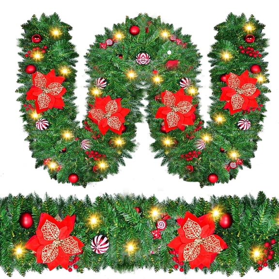 9Ft PVC Christmas Wreath With Red Berries And Ornaments-Led Christmas Vine With Battery Compartment For Porches, Windows, And Fences