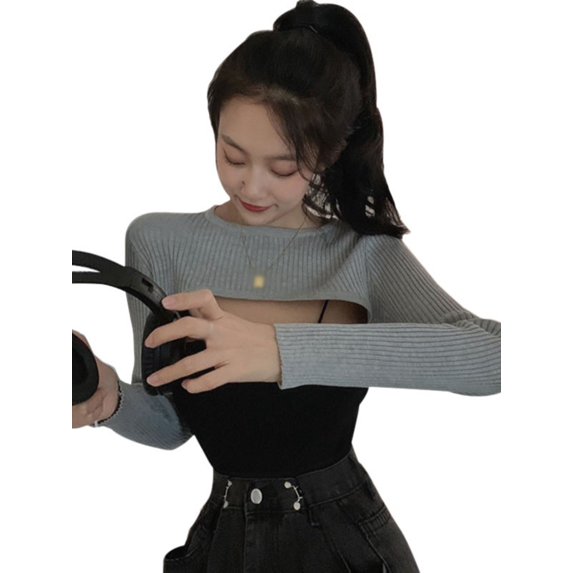 Ochine Shawl Sweater Ribbed Long Arm Sleeve Solid Color Crew Neck Slim Fit Pull Over Crop Top Comfortable Breathable Anti-UV Sun Protection Shoulder Shrug for Women, One Size