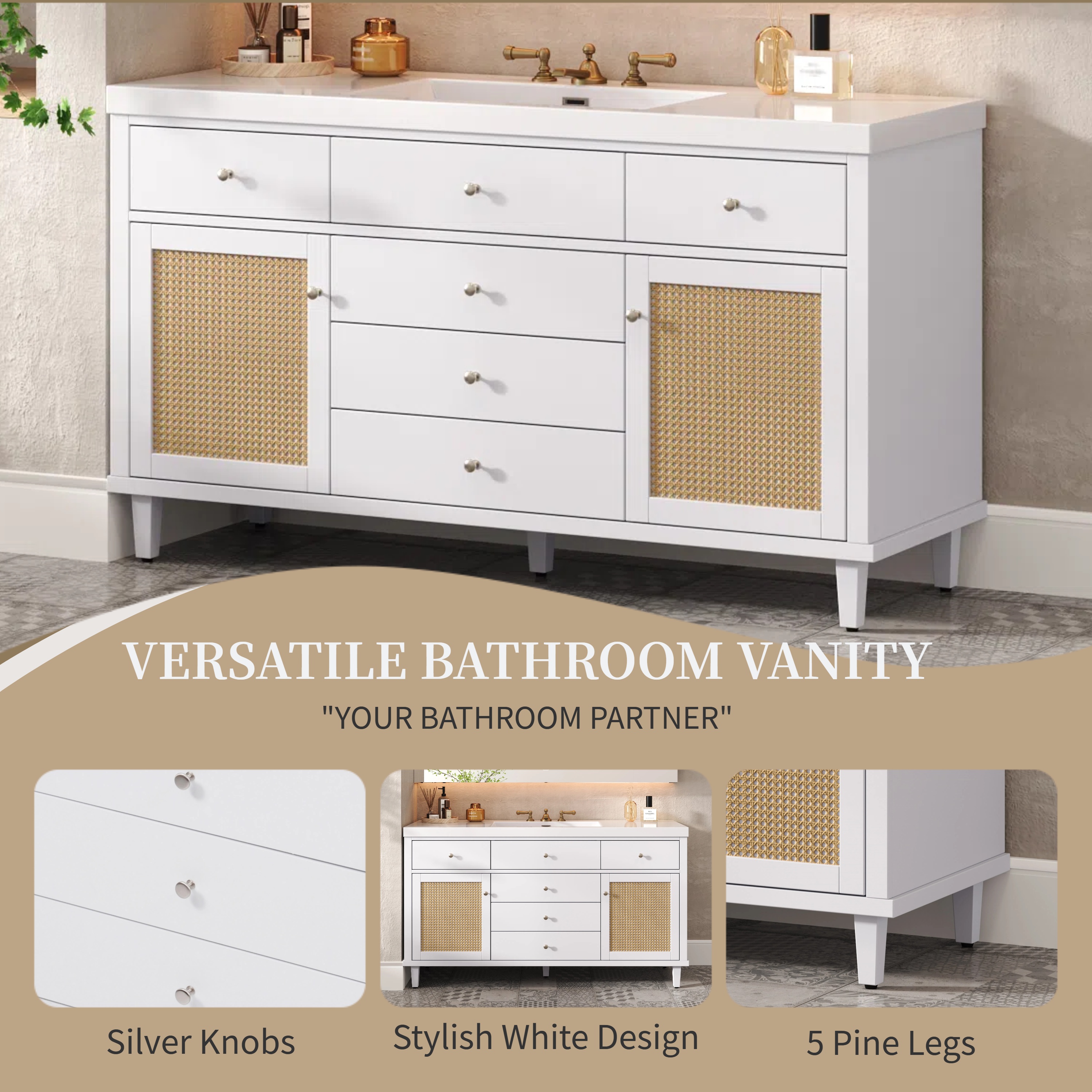Euroco 60" Bathroom Vanity with SMC Sink, Modern Large Storage Bathroom Storage Cabinet with Soft Close Drawers and Rattan Doors, Silver Metal Knobs and 5 Pine Legs, White
