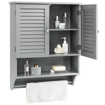 Giantex Wall Mounted Bathroom Cabinet w/Bar, Medicine Cabinet w/Double Louvered Doors, Storage Cabinet, Grey
