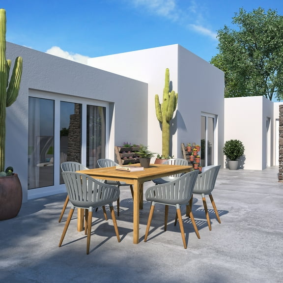 Amazonia 7 Pcs Teak Wood Patio Outdoor Dining Set, Brown