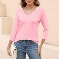thumbnail image 6 of Tittly T Shirts for Women Basic Tees Women's V Neck 3/4 Sleeve Tops Color Block/Solid Shirts Basic Summer Tees Tshirts Shirts Spring Tops for Women Pink L, 6 of 7