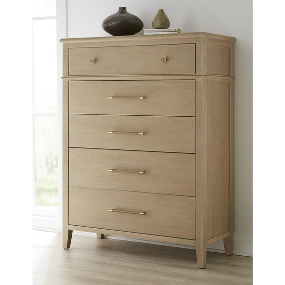 Modus Furniture Camden Five Drawer Oak Wood Chest in Chai
