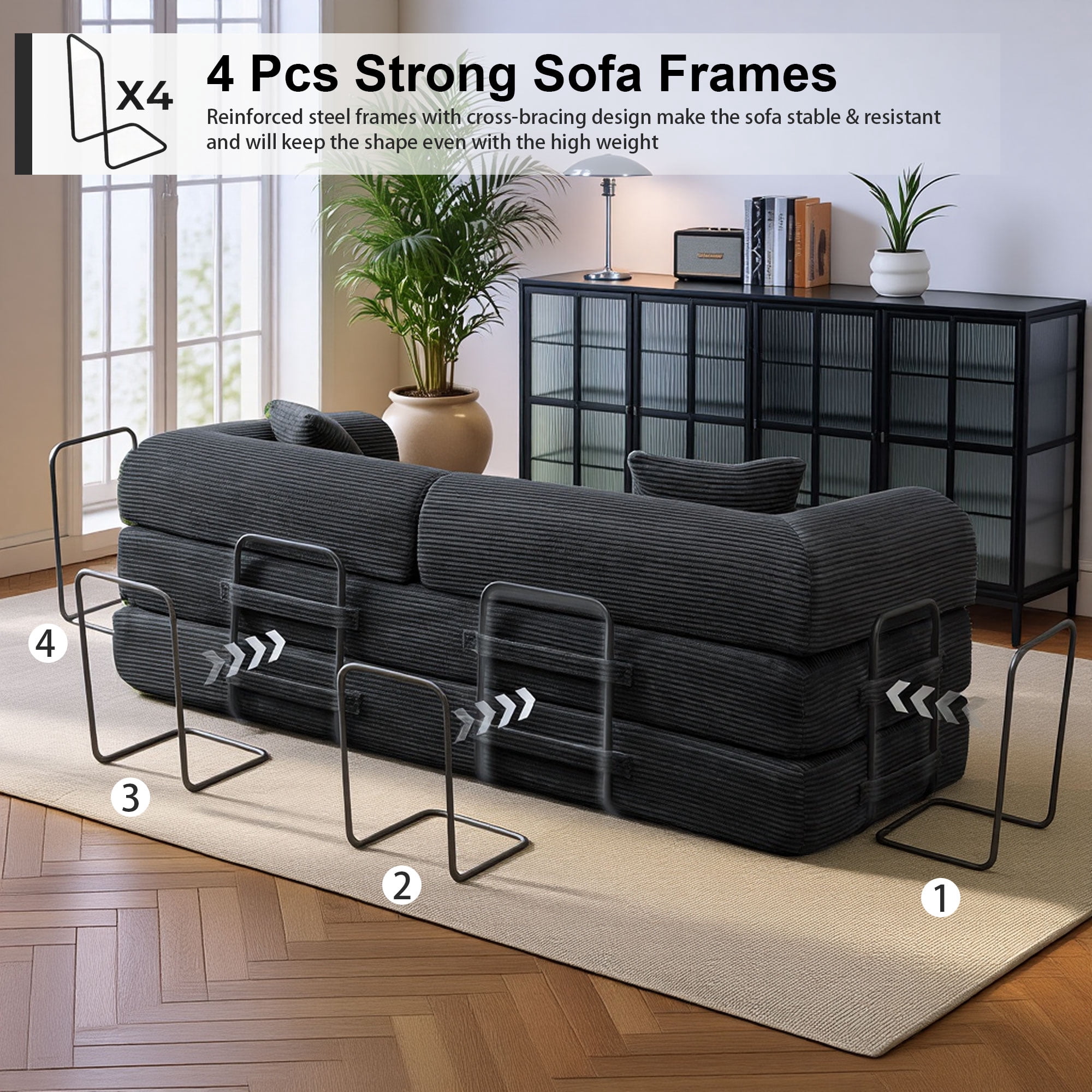 Convertible Floor Sofa Bed, Holaki 63" Foldable Compression Loveseat Lounge Sleeper Sofa with Pillow & Fixed-Shape Frame, Corduroy Folding Boneless Sofa Couch for Living Room, Small Space, Black