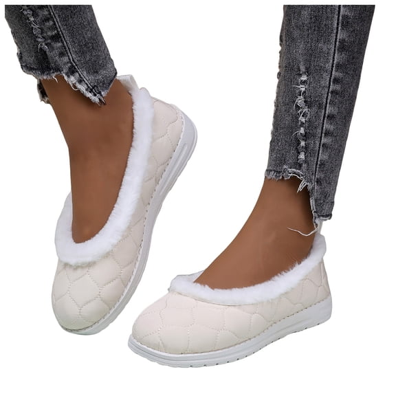 Women's Casual Fleece Lined Loafers Warm Plush Low Top Lightweight Waterproof Non Slip Walking Shoes White Size 7.5