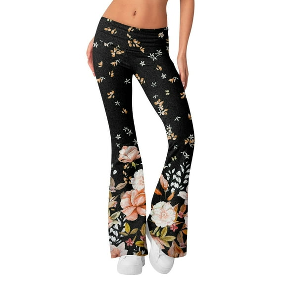 Susanny Women's Boho High Waist Flare Pants Stretch Bell Bottom Yoga Pants Hippie Flared Leggings Floral 70s Palazzo Pants Trousers Plus Size Dark Blue L