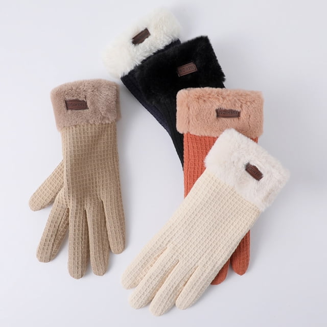 YAOBAMM Winter Cycling Gloves 1 Pair Winter Plush Touchscreen Gloves Thickened Windproof Cold Resistant Solid Color Five Fingers Waffle Pattern