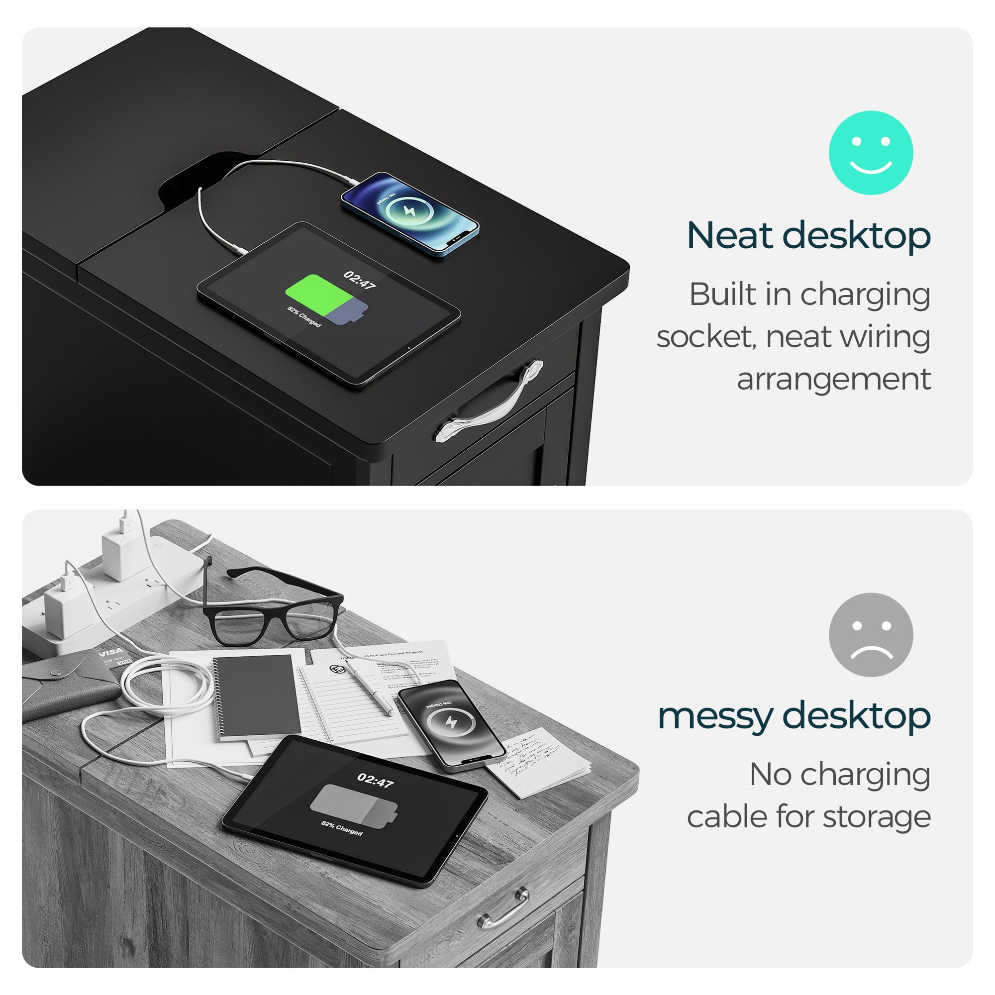 LINSY HOME End Tables for Living Room with Charging Station, Nightstand for Bedroom with Drawer and Detachable Holder,Black