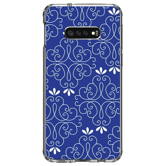 DistinctInk Clear Shockproof Hybrid Case for Samsung Galaxy S10e (5.8" Screen) - TPU Bumper, Acrylic Back, Tempered Glass Screen Protector - Dark Blue White Floral