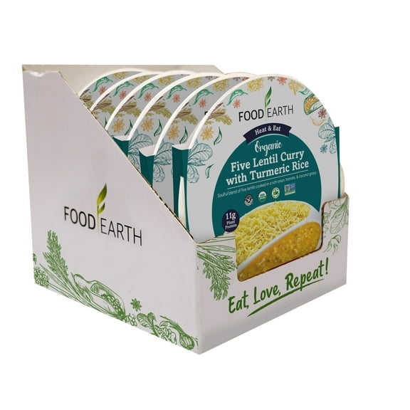 Food Earth - Organic Five Lentil Curry with Turmeric Rice Ready to Eat Indian Meal , 100% Organic, Vegan, Gluten-Free, Heat & Serve,10.58 oz, 6 units Shelf Stable