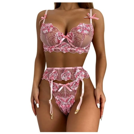 

DORKASM Womens Teddy Embroidery Lingerie Set Lace Sexy Bra and Panty Sets Babydoll Lingerie with Garter Pink S