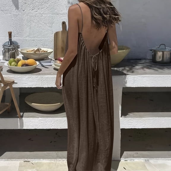 Elvqul Womens Summer Sundress Roundneck Plus Size Slip Dress Pullover Sleeveless Solid Color Housedress for Women Spaghetti Strap