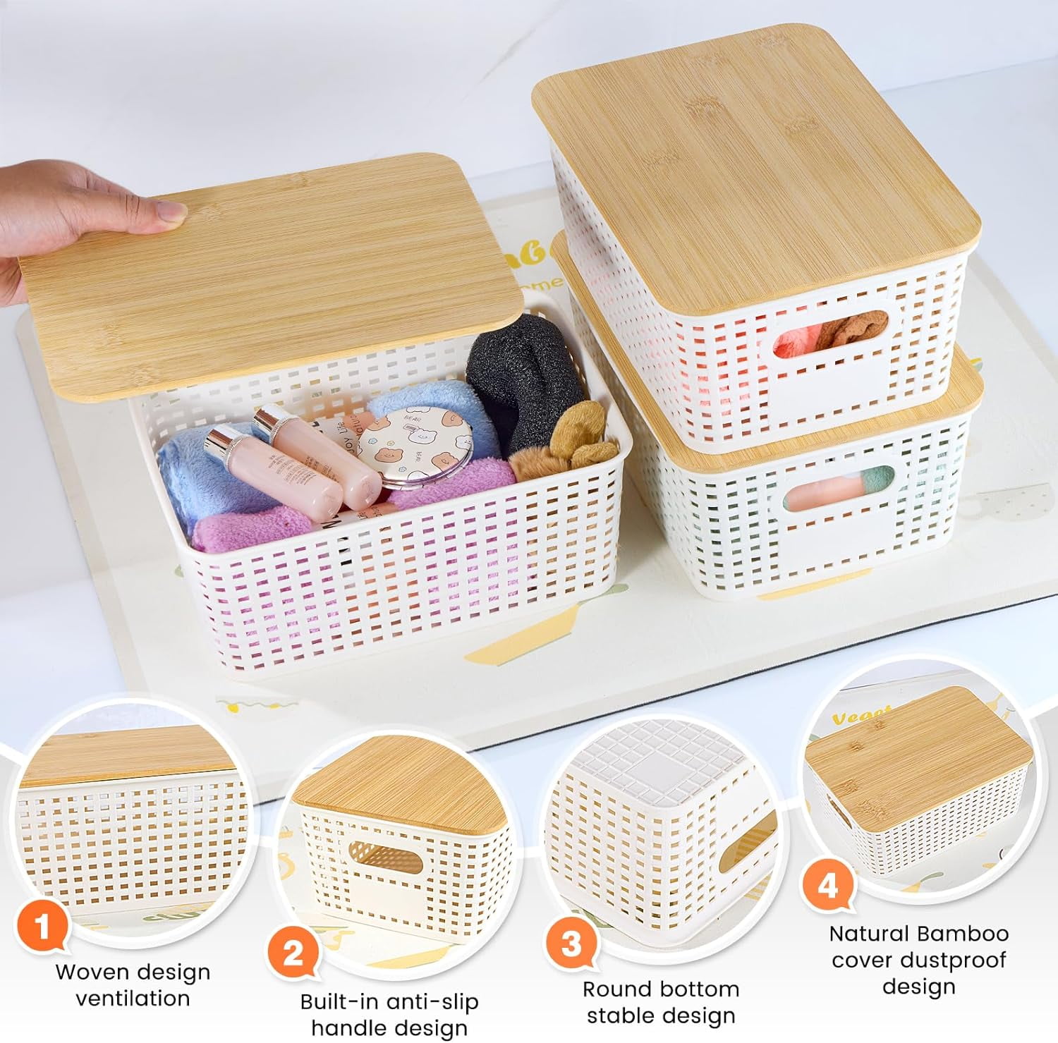 HBlife Plastic Storage Baskets With Bamboo Lids, 6 Pack Storage Containers Stackable Storage bins, Storage Baskets for Organizing Shelves Drawers Desktop Closet Playroom Classroom Office, White