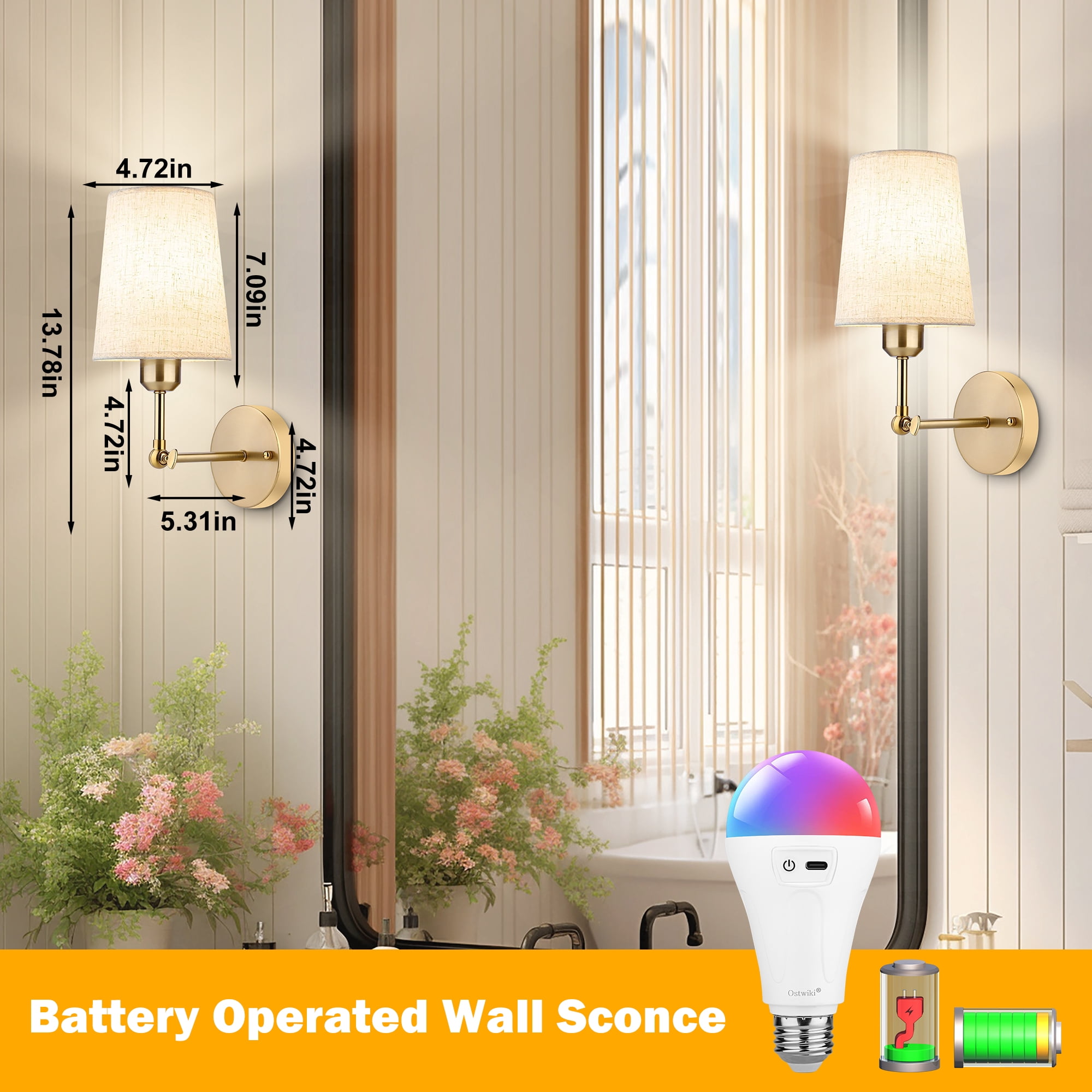 Battery Operated Wall Sconce Set of Two,Modern Gold Rechargeable Wall Lights with 5200mAh RGB Bulb and Remote Control,270°Rotation Dimmable Battery Powered Wireless Wall lamps for Bedroom Living Room