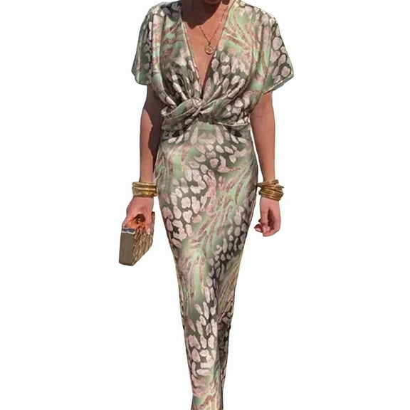 The Latest Women'S Floor-Length Dress with Floral Print, Short Sleeves V-Neck Wrap Style Sage Green & Pink As Shown XXXL