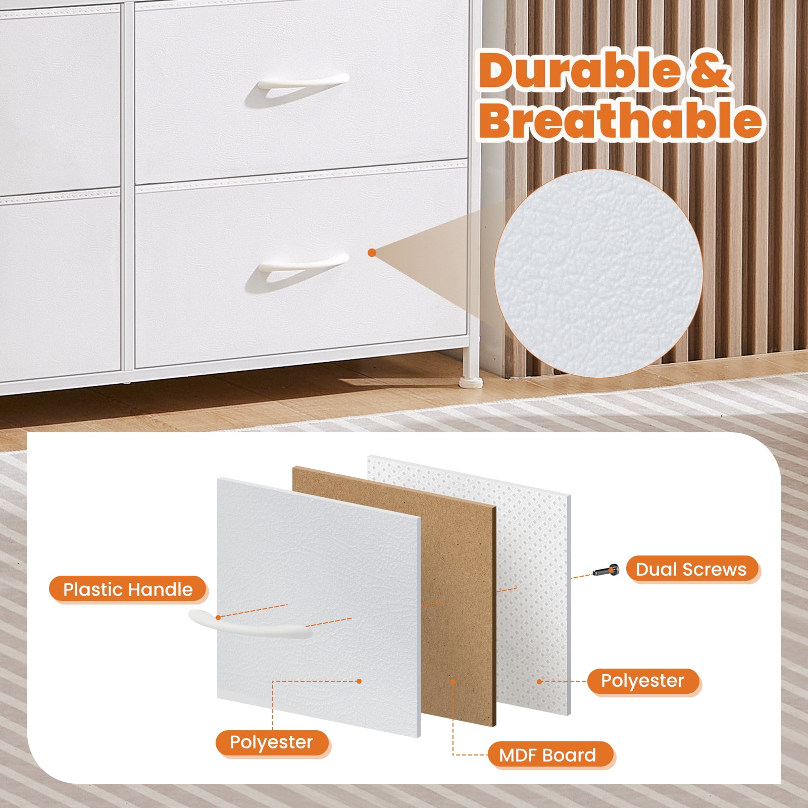 Gianna 9 Drawers Dresser, Fabric Drawer Cabinet for Home Office, Wihte