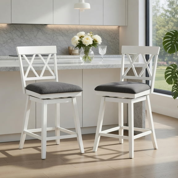 Resenkos 24 Inch Swivel Bar Stools Set of 2 , Counter Height Upholstered Chair with Backrest for Home Bar, White