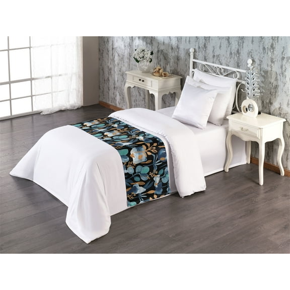 Botanical Bed Runner, Abstract Style Artwork of Leaves and Forms on Black Background, Decorative Accent Bedding Scarf for Hotels Homes & Guest Rooms, Twin, Dark Turquoise and Caramel, by Ambesonne