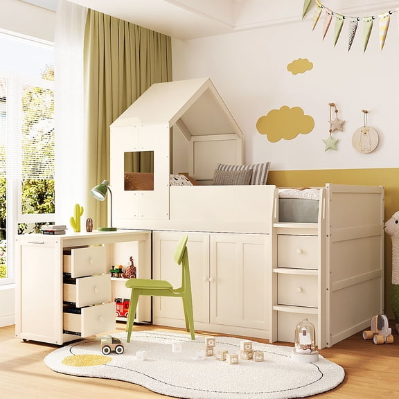 Harper & Bright Designs Twin House Loft Bed with Roof and Roll-Out Desk Desk, Wooden Twin Loft Bed Frame with Drawers and Cabinets for Boys Girls, Space Saving Loft Bed, Beige