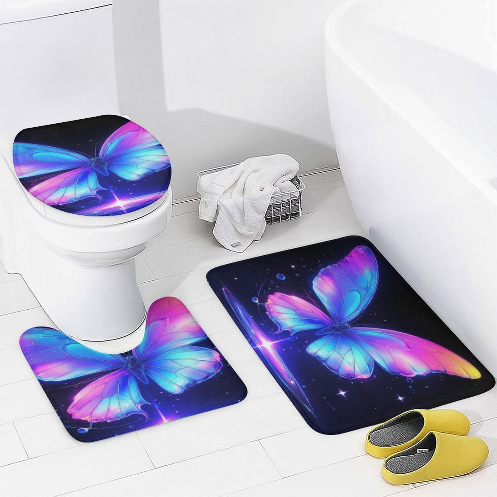 Dreamy Purple Butterfly Pattern (110)-2 Shower Curtain Set Modern Bathroom Decor Mats 4pcs Fabric Bathroom Curtain Slip Floor Rug Toilet Lid