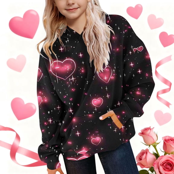 Girls Hoodie Black Neon Hearts and Stars Graphic Soft Stretchy Oversized Casual Pullover for Kids 3-14 Years,Size 13-14 T