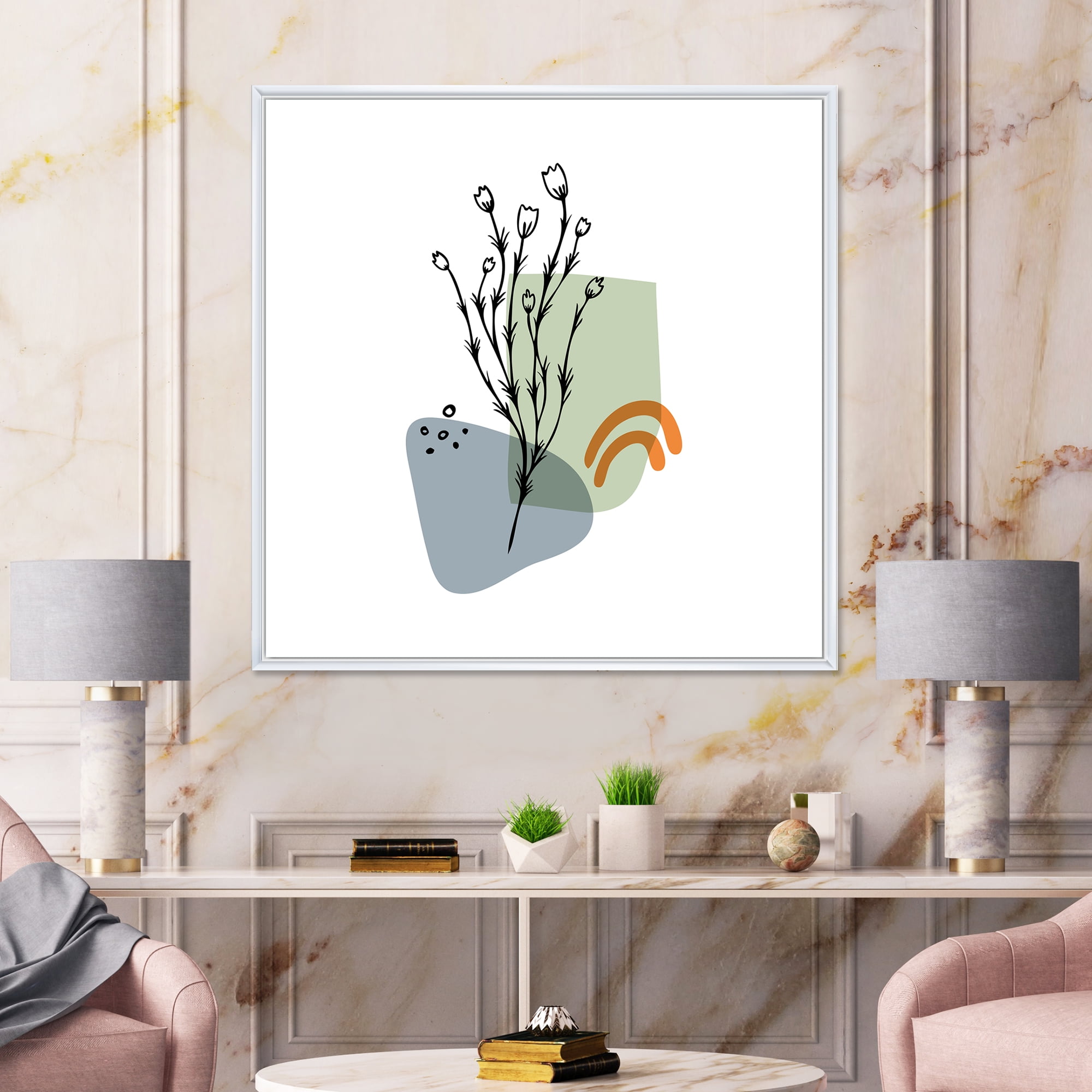 Designart 'Abstract Minimal Shapes Under Flowers II' Modern Framed Canvas Wall Art Print