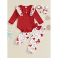 thumbnail image 2 of Suealasg Baby Girls Valentine's Day Pants Sets Long Sleeve Romper Heart Clover Print Pants Headband Sets 3 6 12 18 Months Infant Spring Casual Outfits, 2 of 8