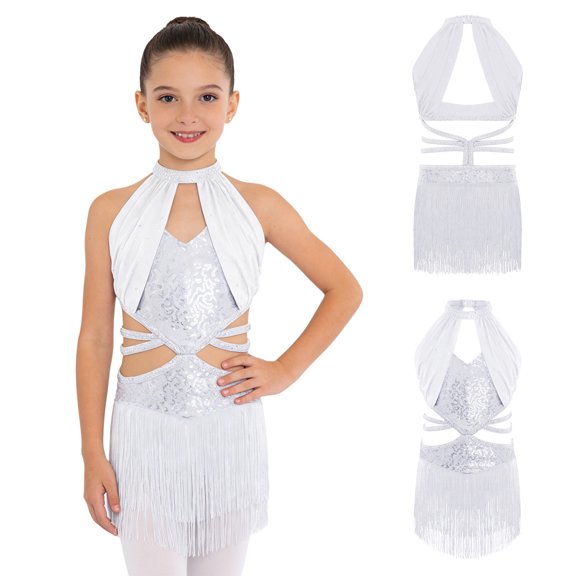 iiniim Girls Latin Dance Glittery Sequins Tassel Leotard Dress Modern Jazz Cha Cha Dancewear White 12
