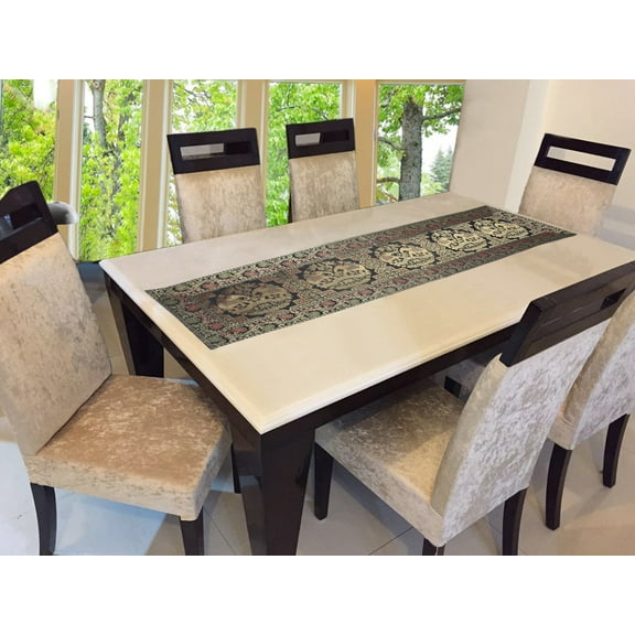 Stylo Culture Indian Dining Room Table Runner Black Gold Elephant & Floral Brocade Jacquard Rectangle Home Decor Ethnic Center Table Cloth | 60x16 Inches ( 152 x 40 cm)