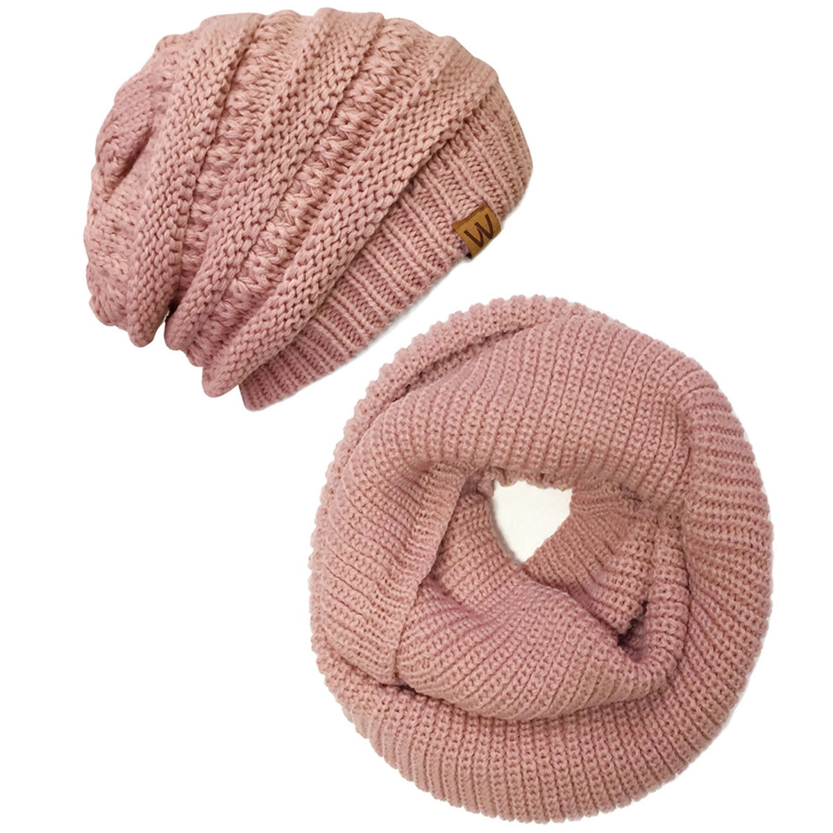Pink Petal Wrapables Winter Warm Knitted Infinity Scarf and Beanie Hat Set 