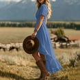 thumbnail image 3 of Lenpel Summer Dresses for Women Dressy Casual V Neck Beach Dresses Flowy Ruffle Asymmetric Hem Short Sleeve Maxi Sundresses, 3 of 5