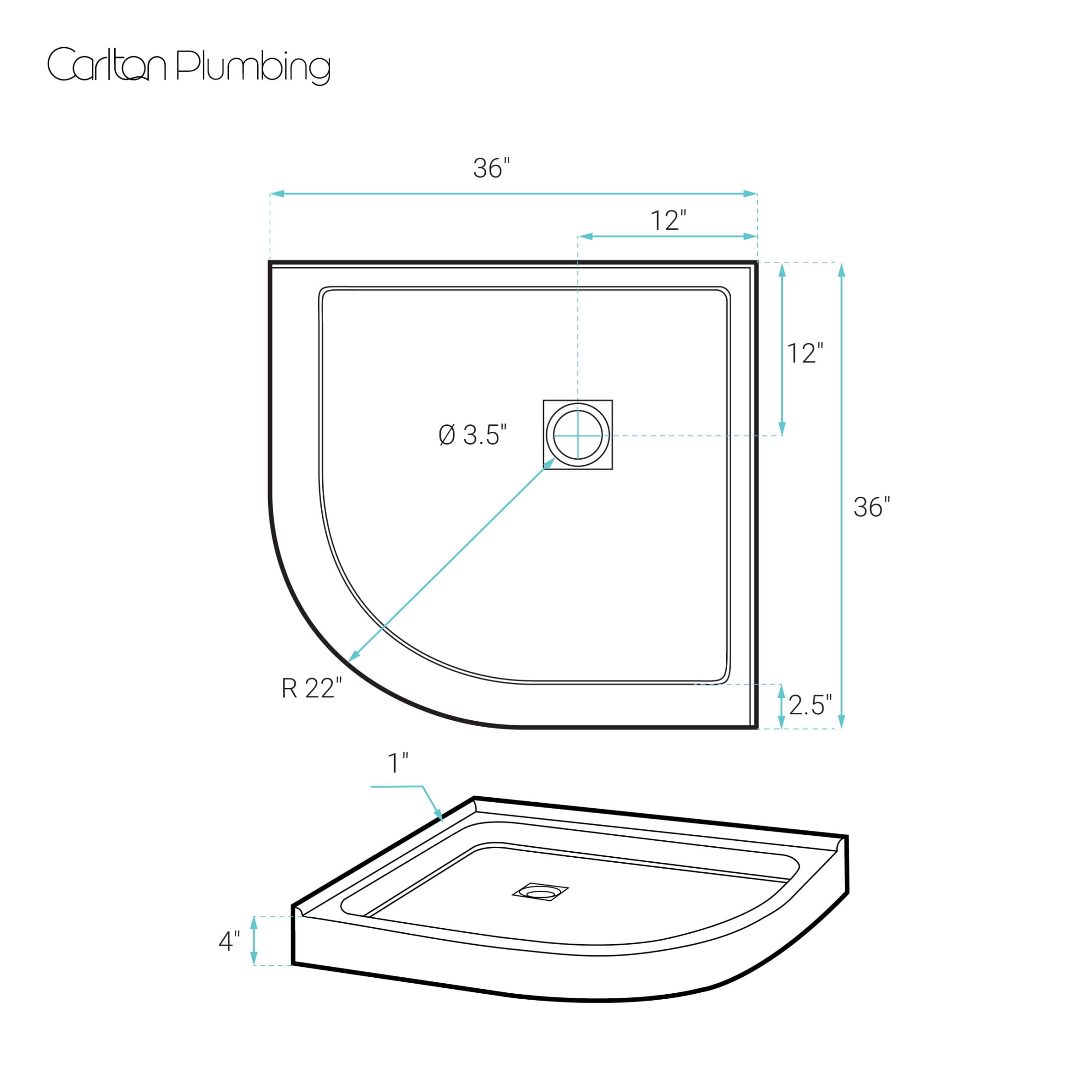 Marquette 36" x 36" Round Corner Double-Threshold Shower Pan Base with Center Drain in Glossy White