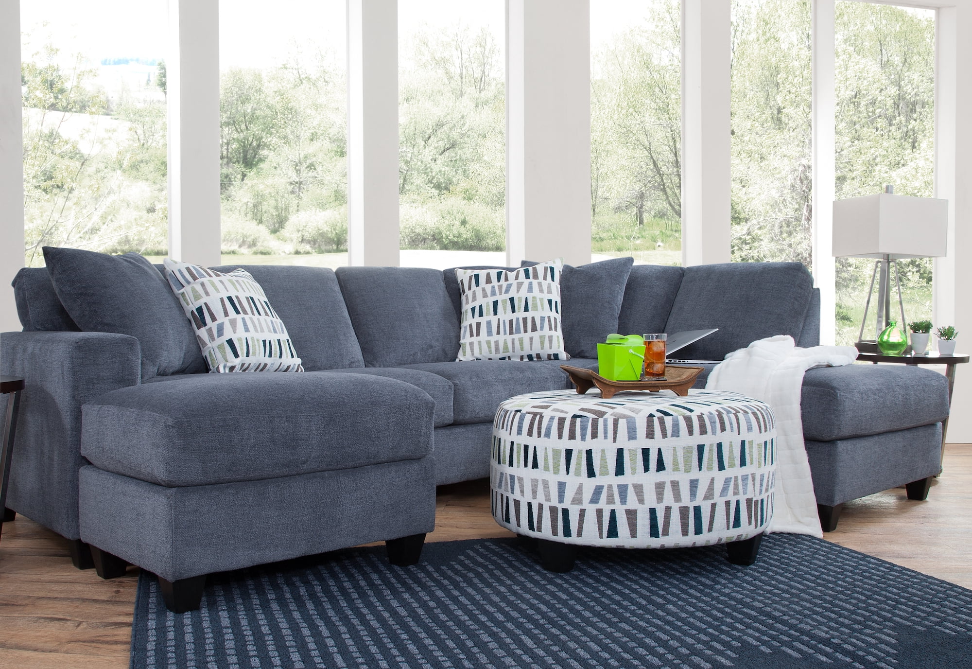 American Furniture Classics Transitional U-Shaped Sectional Sofa with 4 Throw Pillows, Blue - 2 Piece