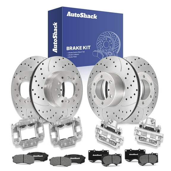 AutoShack Front Vented & Rear Vented Drilled & Slotted Silver Zinc Coated Brake Rotors   Ceramic Pads   Calipers 16-PC Brake Kit Replacement for 2001-2007 Toyota Sequoia SilverShield Pro