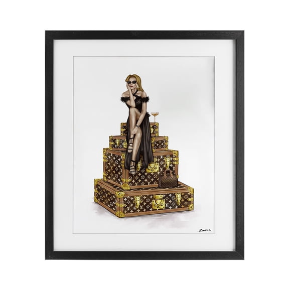 Stupell Industries Contemporary Glam Girl Perched on Cases Black Framed Print Under Glass, 13 x 16, by Ziwei Li