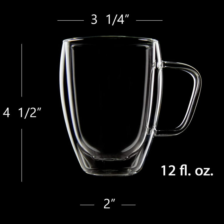 Evelyne Collection Clear Glass Double Wall Coffee Mug With Handle, Set of 4  (12 oz, 350 ml) - Insulated Coffee Cup For Cappuccino, Espresso, Tea