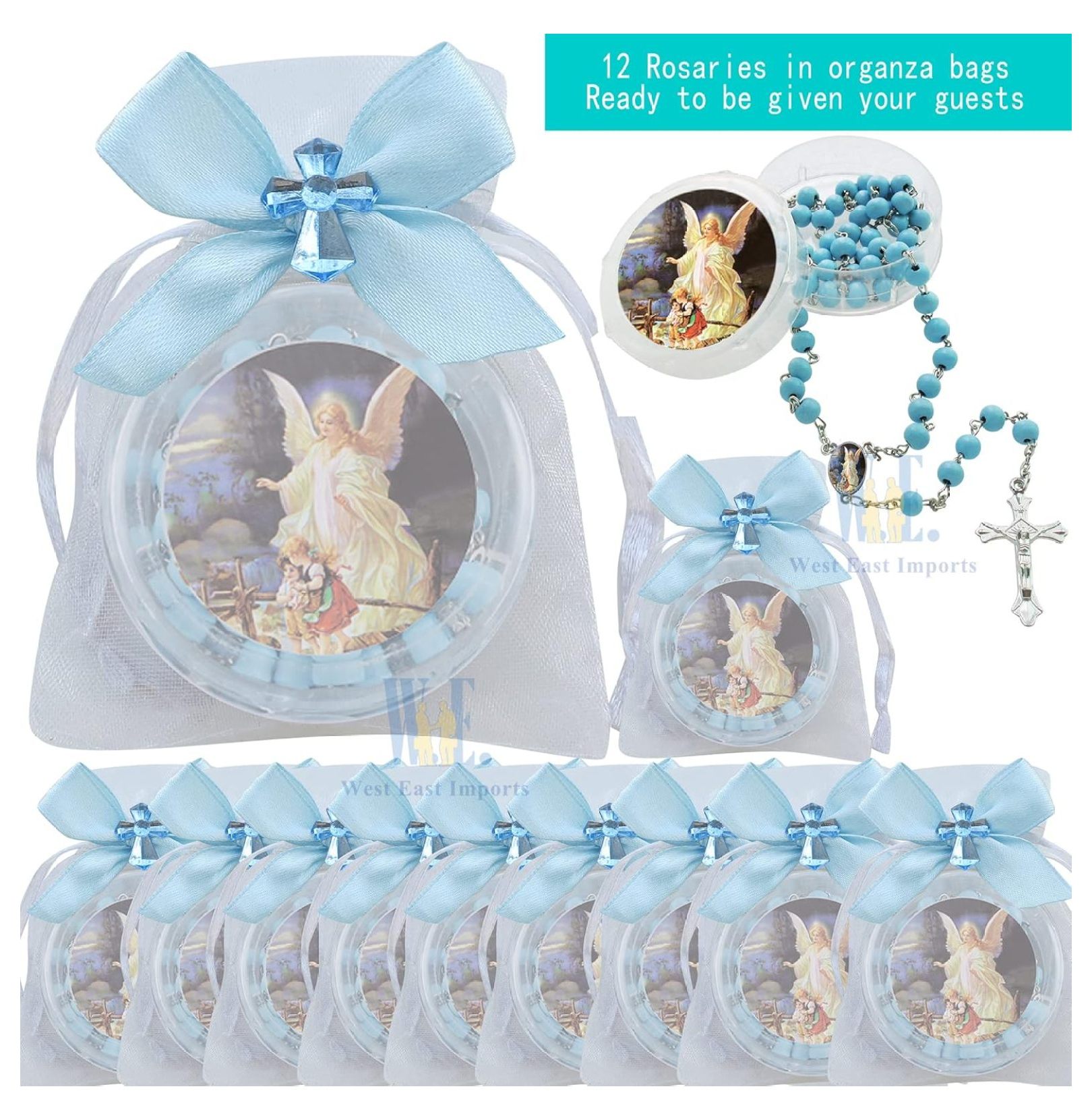 Baptism First Communon Blue Scented Wood Rosary Favor - 12pcs Angel Rosaries with individual Gift Box and Decorated Pouches