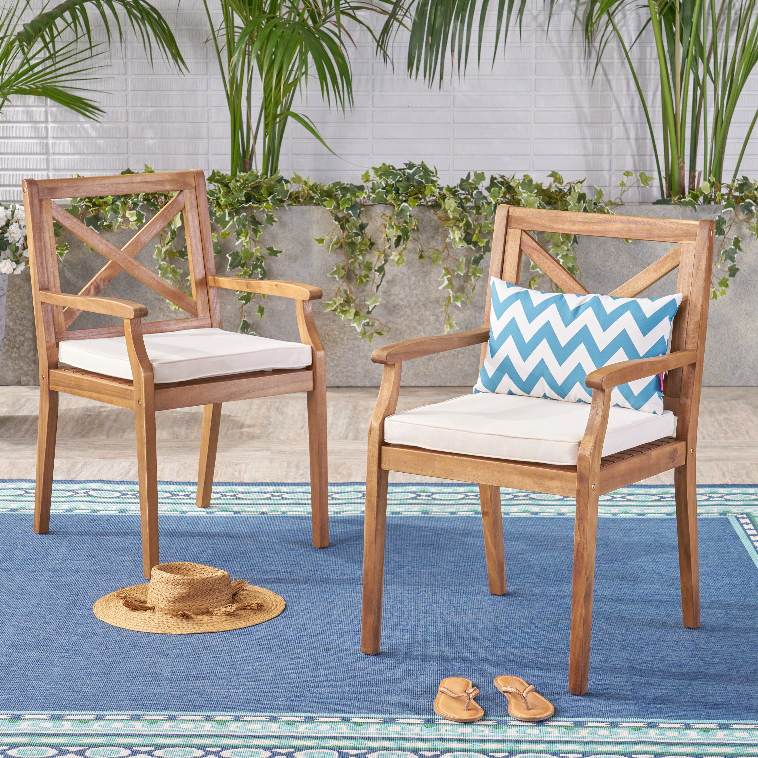 Outdoor Dining Chairs Set of 2 – Solid Wood Frame with Water-Resistant Cushions, Patio Armchairs for Backyard, Garden or Poolside