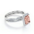 thumbnail image 3 of JeenMata 1.5 Carat Emerald Cut Pink Peach created morganite and Moissanite - 4 Prong Halo Set - Twisted Pave Wedding Ring Set - 18K White Gold Plating over Silver, 3 of 6