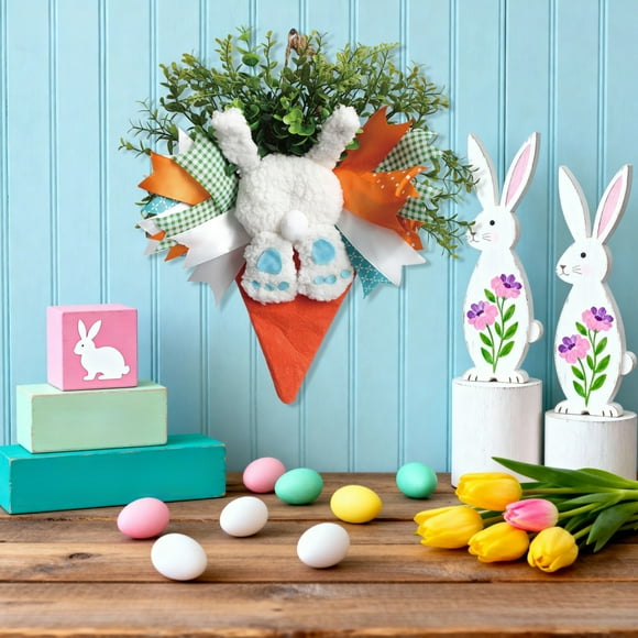 Weloille Easter Carrot Wreath 1 Piece, Bow Knot Decorated Carrot Hanging Ornament, Festive Spring Front Door Decor, Exquisite Holiday Decoration for Home Wall Porch Patio Easter Party Decor