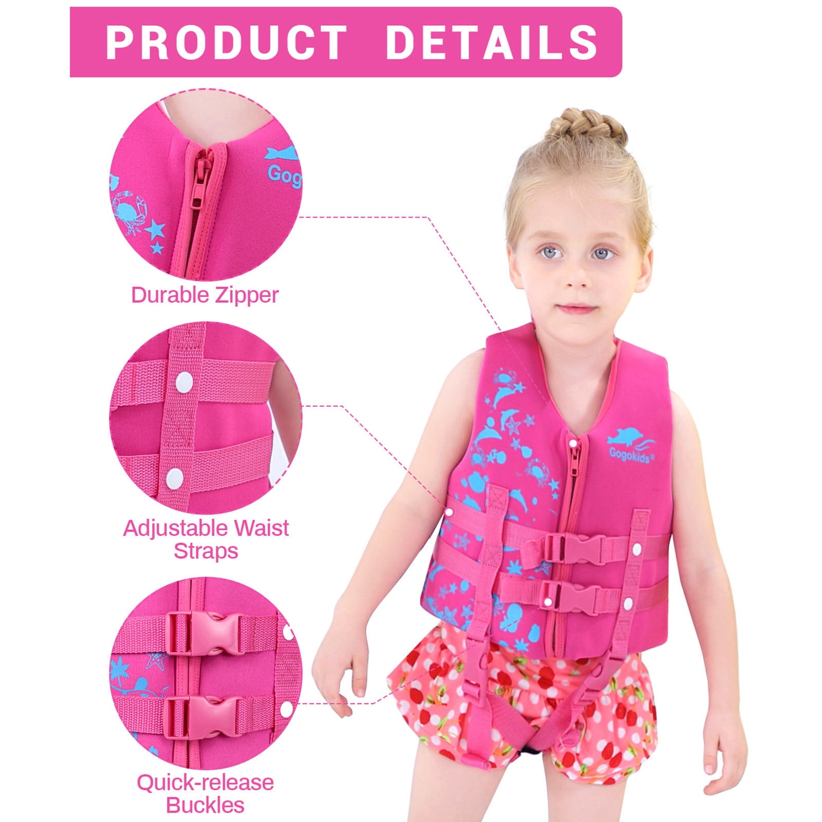 Kids Swim Vest Life Jacket - Boys Girls Float Swimsuit Buoyancy Swimwear 30 to 50 lbs, Pink