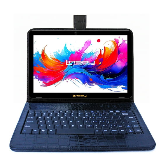 LINSAY 10.1" Octa Core 256GB Storage Android 15 Tablet with Black Crocodile Keyboard