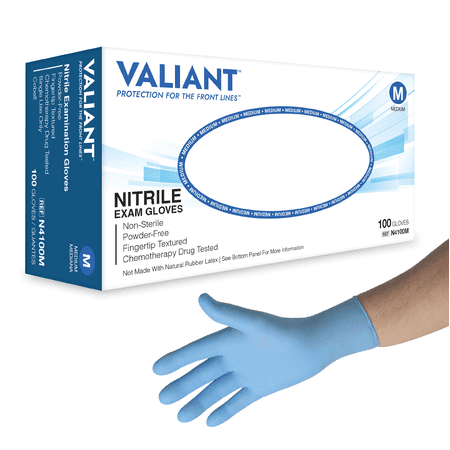 Valiant N4100 Nitrile Exam Gloves  Single Use Only  Fingertip Textured  Blue  Medium  100 Per Box  2 Boxes