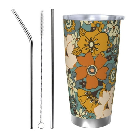 

20oz Straw Three-Piece Set Car Cup For The Coffee Shop Office Car Sports Home Easy To Carry Out Bright Terracotta Flowers Style