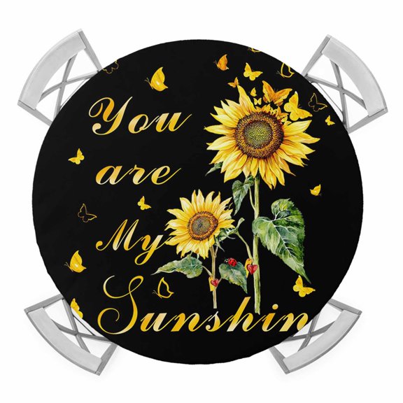 Elastic Fitted Round Tablecloth, Sunflower Waterproof Stretch Table Cover for 36"-44" Tables, Vintage Botanical Washable Outdoor Tablecloths for Patio, Picnic, Camping