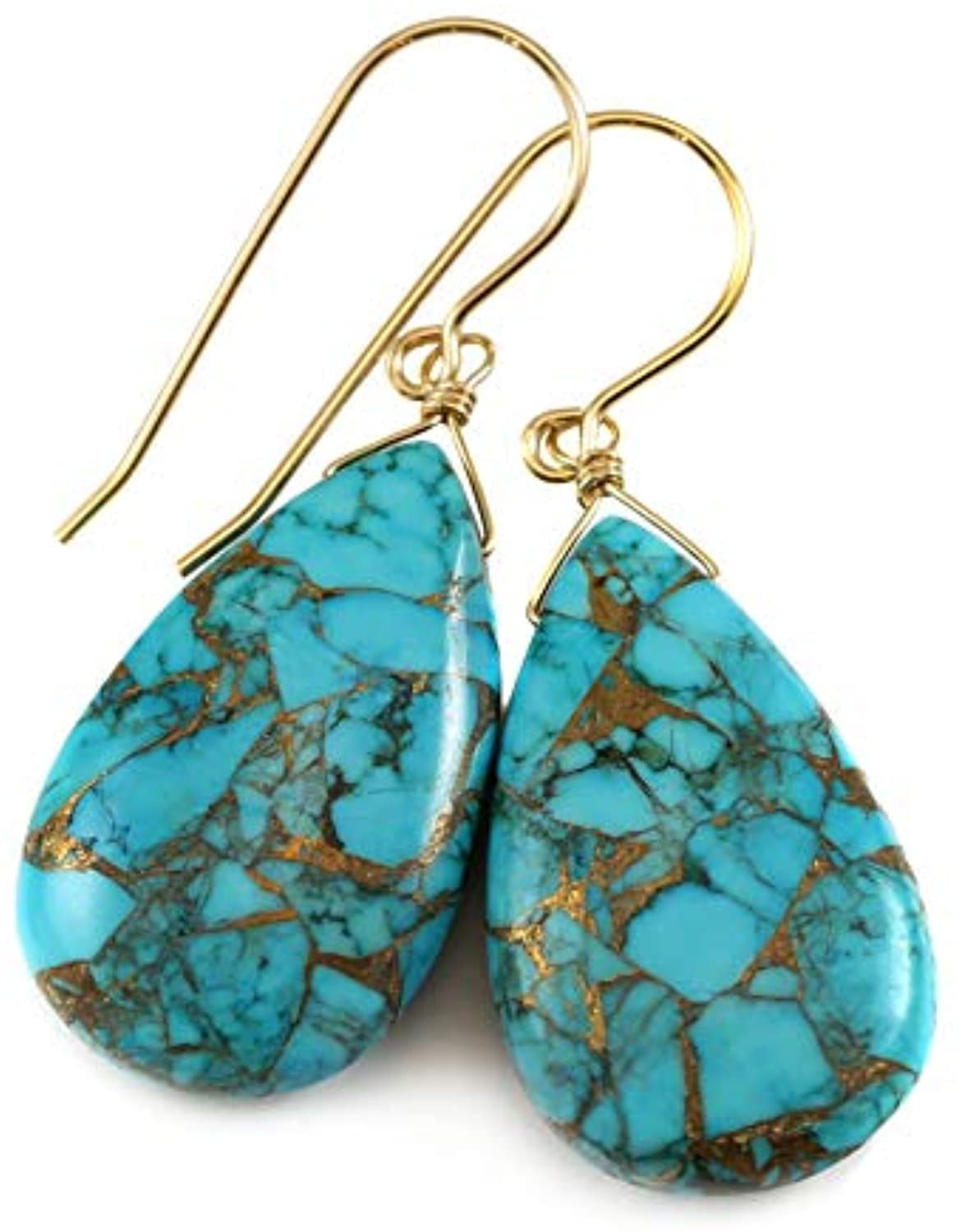 14k Solid Gold Copper Blue Green Turquoise Earrings Long Drops Mosaic Sterling 