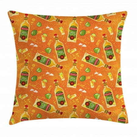 Tequila Throw Pillow Cushion Cover, Pattern of Alcoholic Drink Bottles Shot Glasses and Limes, Decorative Square Accent Pillow Case, 18